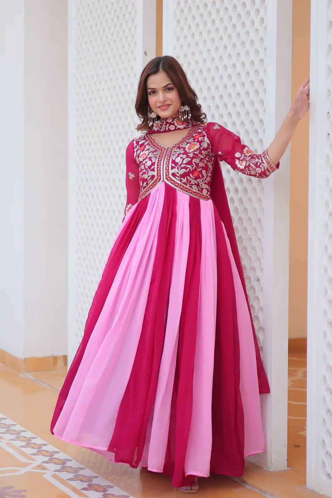 Ram 079 Pink Fox Georgette Gown Perfect for Wedding, Party, Eid, Temple Visit, Pongal – . Best Price ₹2049. Delivery 4-6 Working Days. Shop now. | Bollywood Gowns, Creative Gowns, Designer Gowns, Embroidered Gowns, Gowns, Party Wear Gowns