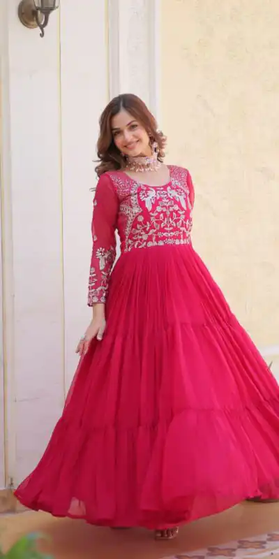 Ram 083 Pink Fox Georgette Sequence Work Gown . Wedding, Party, Festive, Events Grab it for ₹1749. Delivery 4-6 Working Days. Shop now. | Bollywood Gowns, Creative Gowns, Designer Gowns, Embroidered Gowns, Gowns, Party Wear Gowns