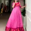 YNF 5012 Pink Mass Mello Gown with Zari Work. Available at ₹1799 only. Wedding, Party, Festive, Events Delivery 4-6 Working Days. Shop now. | Bollywood Gowns, Creative Gowns, Designer Gowns, Embroidered Gowns, Gowns, Party Wear Gowns