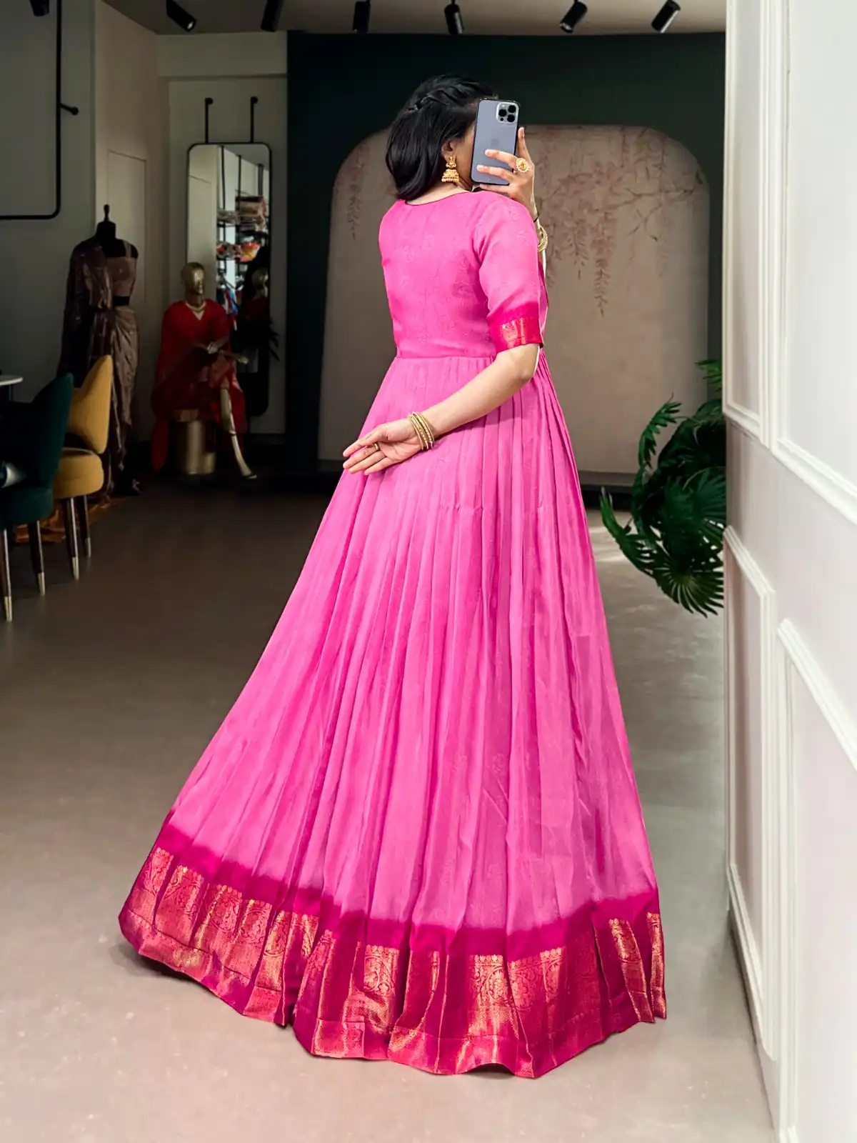 YNF 5012 Pink Mass Mello Gown with Zari Work. Available at ₹1799 only. Wedding, Party, Festive, Events Delivery 4-6 Working Days. Shop now. | Bollywood Gowns, Creative Gowns, Designer Gowns, Embroidered Gowns, Gowns, Party Wear Gowns