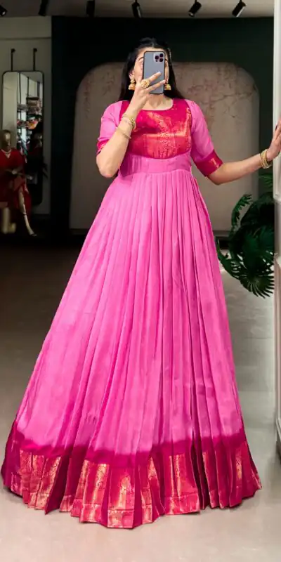 YNF 5012 Pink Mass Mello Gown with Zari Work. Available at ₹1799 only. Wedding, Party, Festive, Events Delivery 4-6 Working Days. Shop now. | Bollywood Gowns, Creative Gowns, Designer Gowns, Embroidered Gowns, Gowns, Party Wear Gowns