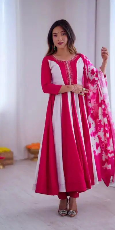 ZF 5014 Pink Roman Silk Gown with Embroidery Work & Digital Print . Exclusive Offer ₹2149. Delivery 4-6 Working Days. Shop now. | Bollywood Gowns, Creative Gowns, Designer Gowns, Embroidered Gowns, Gowns, Party Wear Gowns