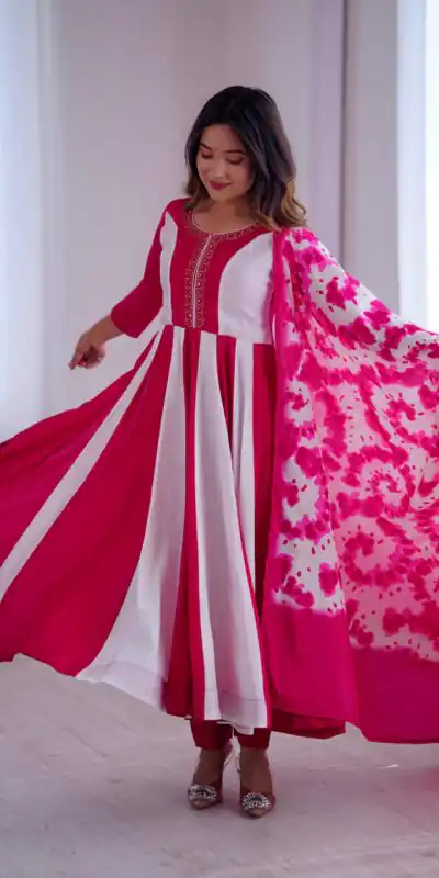 ZF 5014 Pink Roman Silk Gown with Embroidery Work & Digital Print . Exclusive Offer ₹2149. Delivery 4-6 Working Days. Shop now. | Bollywood Gowns, Creative Gowns, Designer Gowns, Embroidered Gowns, Gowns, Party Wear Gowns