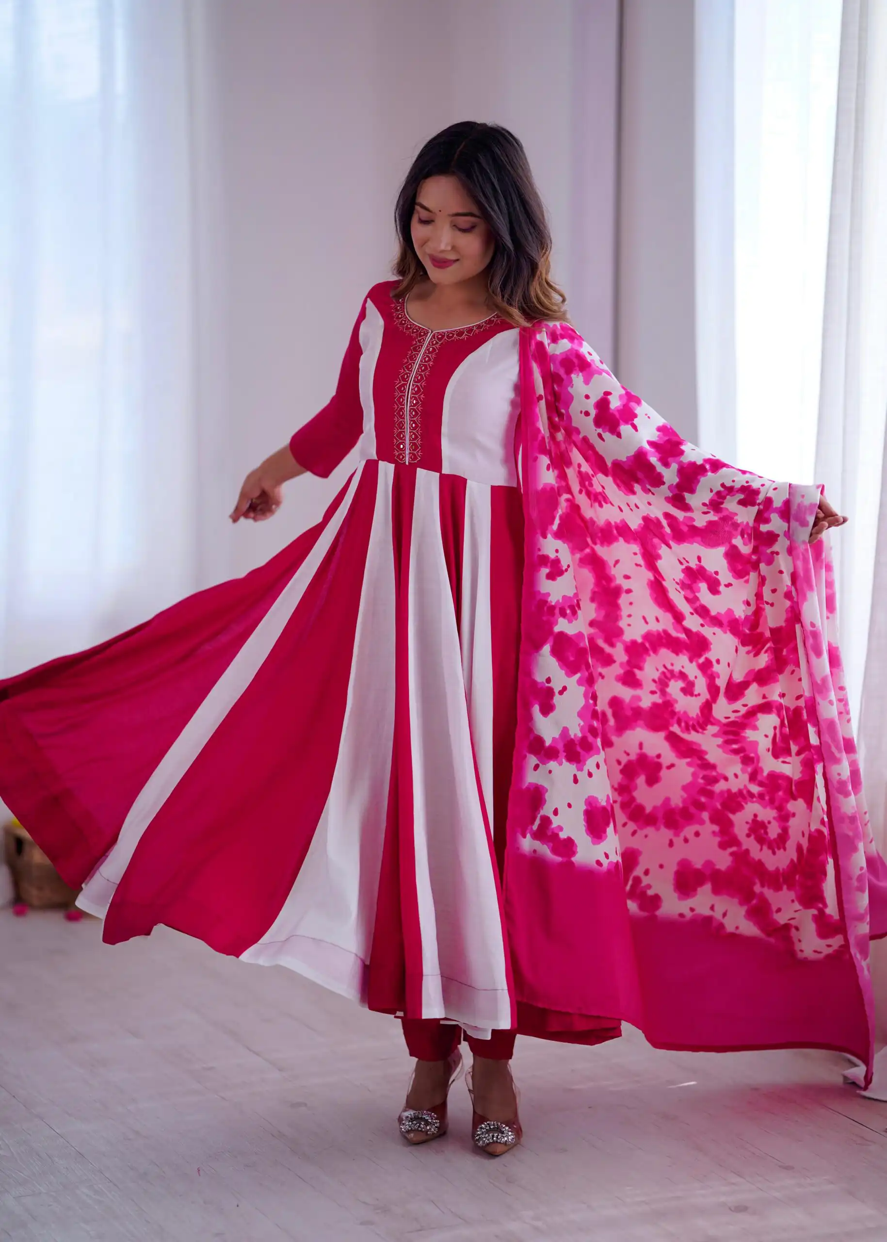 ZF 5014 Pink Roman Silk Gown with Embroidery Work & Digital Print . Exclusive Offer ₹2149. Delivery 4-6 Working Days. Shop now. | Bollywood Gowns, Creative Gowns, Designer Gowns, Embroidered Gowns, Gowns, Party Wear Gowns