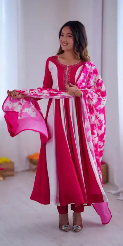 ZF 5014 Pink Roman Silk Gown with Embroidery Work & Digital Print . Exclusive Offer ₹2149. Delivery 4-6 Working Days. Shop now. | Bollywood Gowns, Creative Gowns, Designer Gowns, Embroidered Gowns, Gowns, Party Wear Gowns
