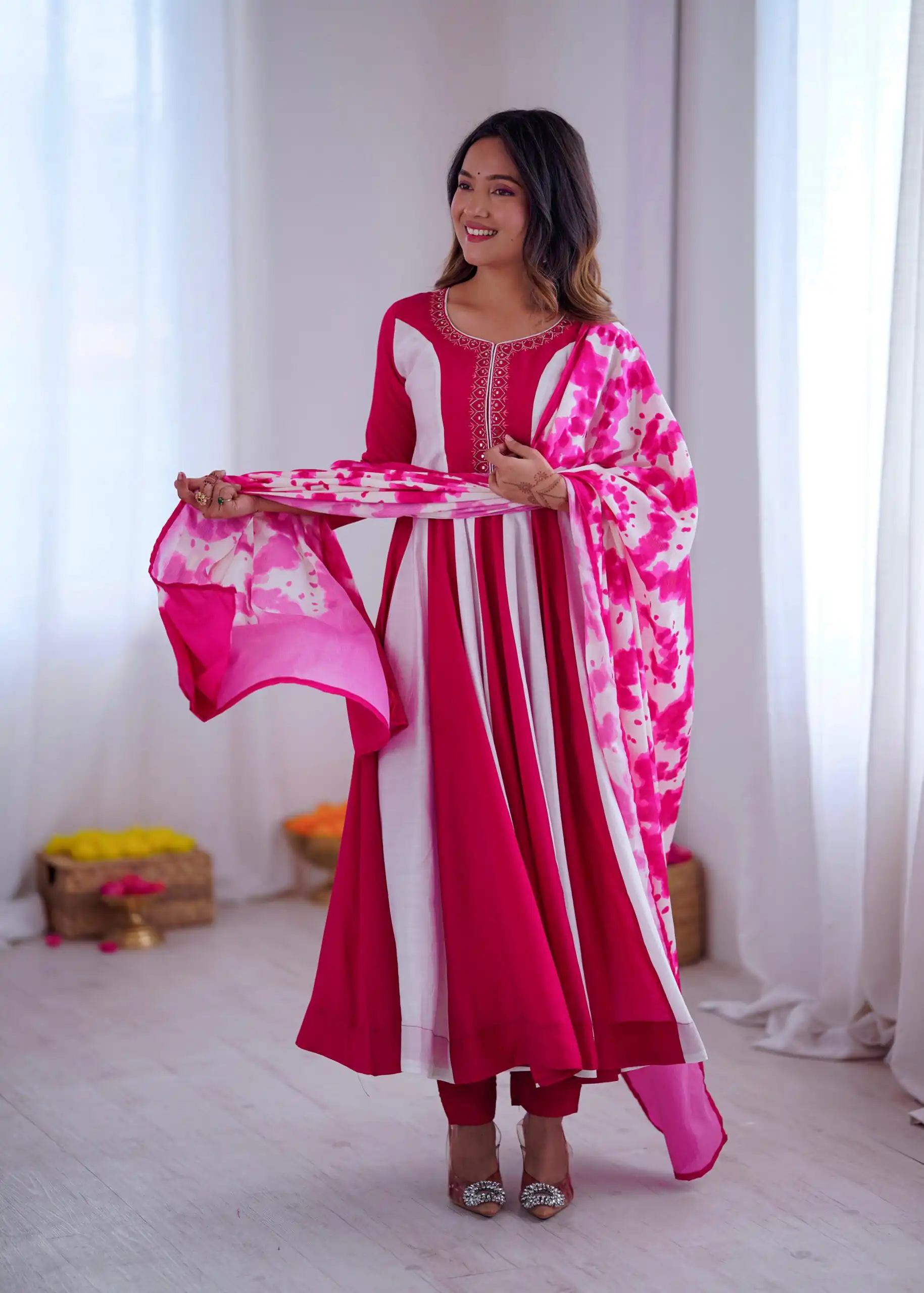 ZF 5014 Pink Roman Silk Gown with Embroidery Work & Digital Print . Exclusive Offer ₹2149. Delivery 4-6 Working Days. Shop now. | Bollywood Gowns, Creative Gowns, Designer Gowns, Embroidered Gowns, Gowns, Party Wear Gowns