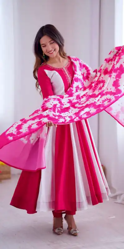 ZF 5014 Pink Roman Silk Gown with Embroidery Work & Digital Print . Exclusive Offer ₹2149. Delivery 4-6 Working Days. Shop now. | Bollywood Gowns, Creative Gowns, Designer Gowns, Embroidered Gowns, Gowns, Party Wear Gowns
