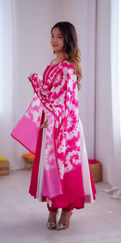 ZF 5014 Pink Roman Silk Gown with Embroidery Work & Digital Print . Exclusive Offer ₹2149. Delivery 4-6 Working Days. Shop now. | Bollywood Gowns, Creative Gowns, Designer Gowns, Embroidered Gowns, Gowns, Party Wear Gowns