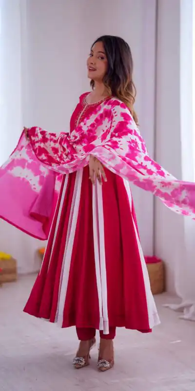 ZF 5014 Pink Roman Silk Gown with Embroidery Work & Digital Print . Exclusive Offer ₹2149. Delivery 4-6 Working Days. Shop now. | Bollywood Gowns, Creative Gowns, Designer Gowns, Embroidered Gowns, Gowns, Party Wear Gowns