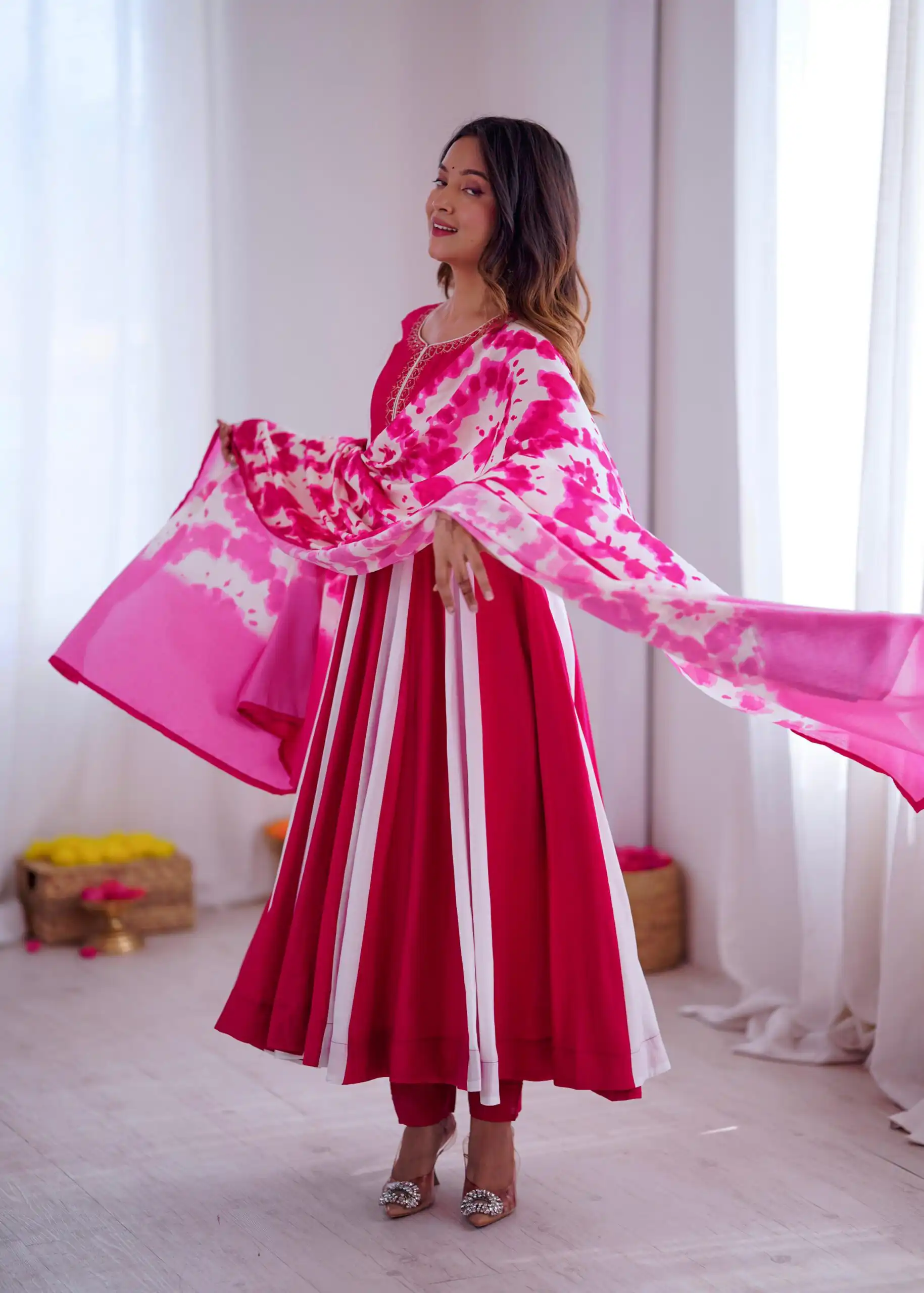 ZF 5014 Pink Roman Silk Gown with Embroidery Work & Digital Print . Exclusive Offer ₹2149. Delivery 4-6 Working Days. Shop now. | Bollywood Gowns, Creative Gowns, Designer Gowns, Embroidered Gowns, Gowns, Party Wear Gowns