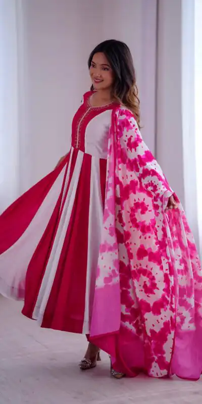 ZF 5014 Pink Roman Silk Gown with Embroidery Work & Digital Print . Exclusive Offer ₹2149. Delivery 4-6 Working Days. Shop now. | Bollywood Gowns, Creative Gowns, Designer Gowns, Embroidered Gowns, Gowns, Party Wear Gowns