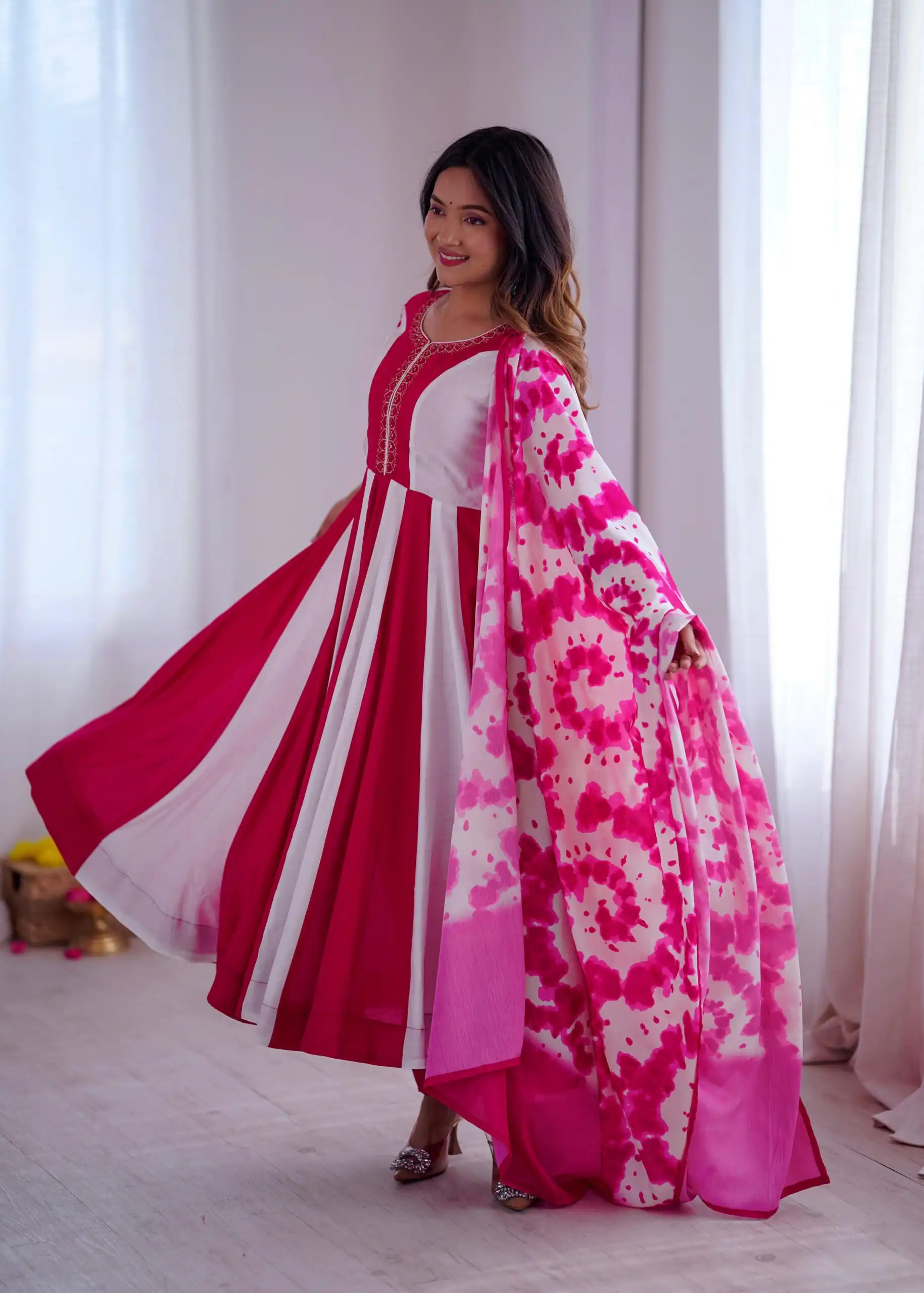 ZF 5014 Pink Roman Silk Gown with Embroidery Work & Digital Print . Exclusive Offer ₹2149. Delivery 4-6 Working Days. Shop now. | Bollywood Gowns, Creative Gowns, Designer Gowns, Embroidered Gowns, Gowns, Party Wear Gowns