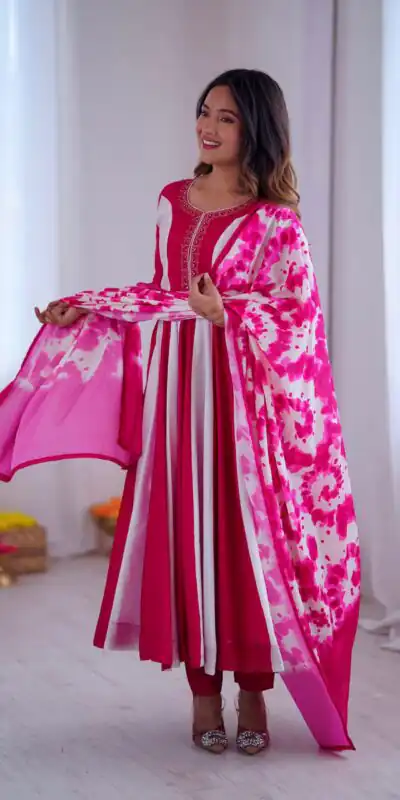 ZF 5014 Pink Roman Silk Gown with Embroidery Work & Digital Print . Exclusive Offer ₹2149. Delivery 4-6 Working Days. Shop now. | Bollywood Gowns, Creative Gowns, Designer Gowns, Embroidered Gowns, Gowns, Party Wear Gowns