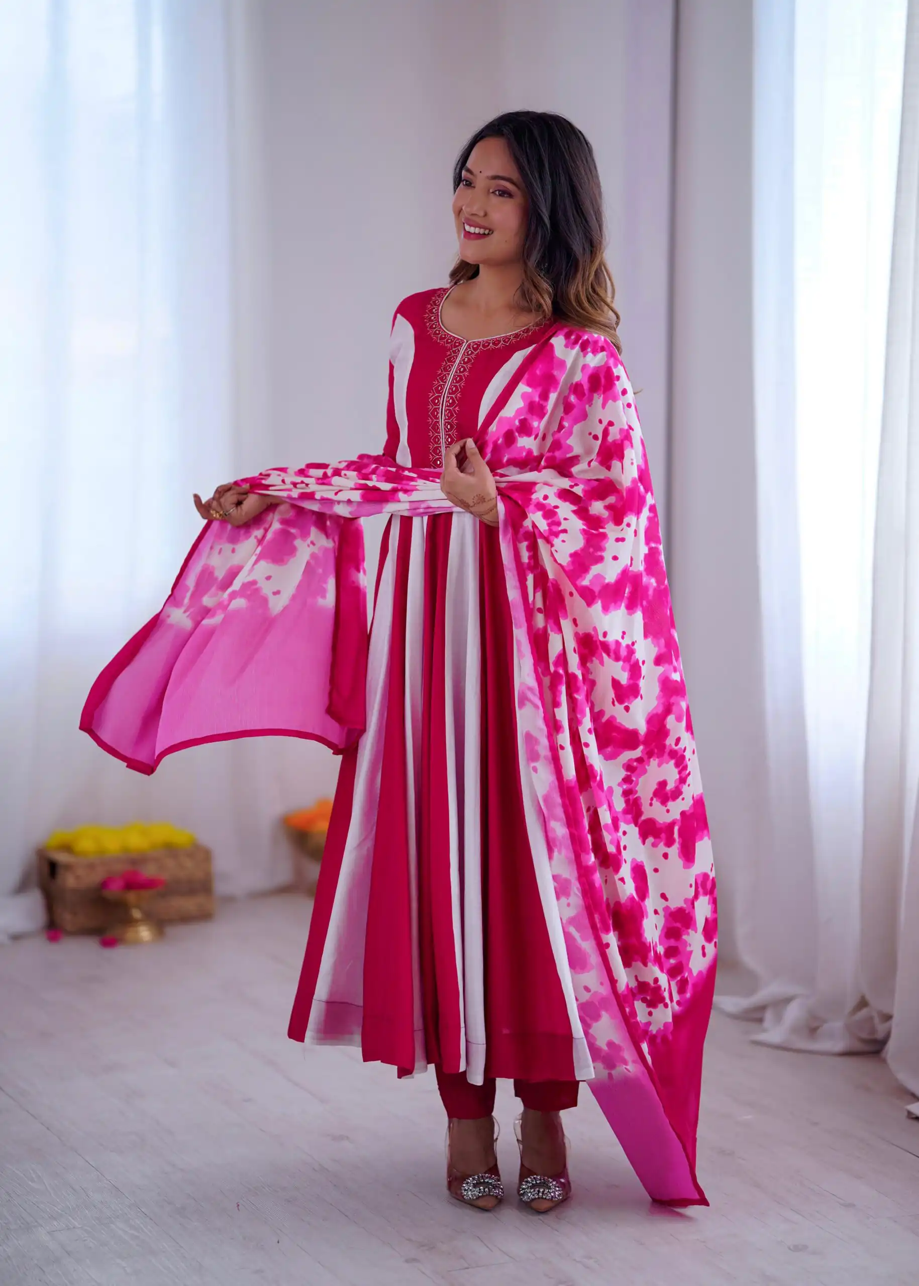 ZF 5014 Pink Roman Silk Gown with Embroidery Work & Digital Print . Exclusive Offer ₹2149. Delivery 4-6 Working Days. Shop now. | Bollywood Gowns, Creative Gowns, Designer Gowns, Embroidered Gowns, Gowns, Party Wear Gowns