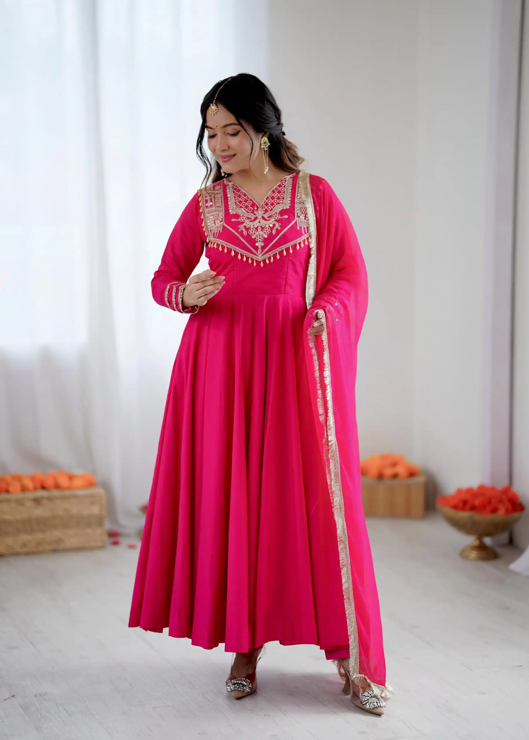 ZSR 3149 Pink Roman silk Gown Perfect for Wedding, Party, Sangeet, Haldi, Lohri – . Introductory Price ₹2099. Delivery 4-6 Working Days. Shop now. | Bollywood Gowns, Creative Gowns, Designer Gowns, Embroidered Gowns, Gowns, Party Wear Gowns