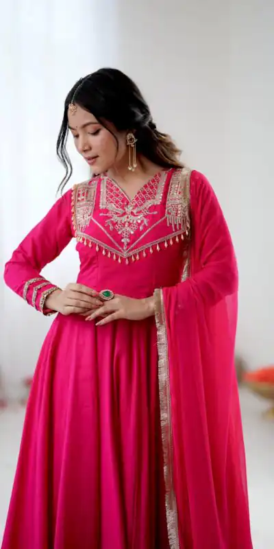 ZSR 3149 Pink Roman silk Gown Perfect for Wedding, Party, Sangeet, Haldi, Lohri – . Introductory Price ₹2099. Delivery 4-6 Working Days. Shop now. | Bollywood Gowns, Creative Gowns, Designer Gowns, Embroidered Gowns, Gowns, Party Wear Gowns