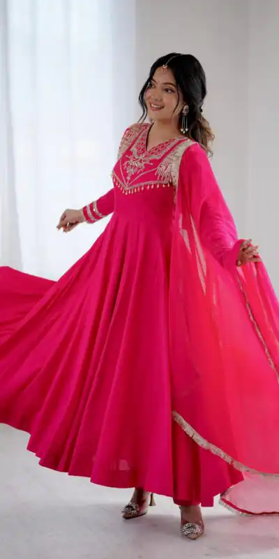 ZSR 3149 Pink Roman silk Gown Perfect for Wedding, Party, Sangeet, Haldi, Lohri – . Introductory Price ₹2099. Delivery 4-6 Working Days. Shop now. | Bollywood Gowns, Creative Gowns, Designer Gowns, Embroidered Gowns, Gowns, Party Wear Gowns