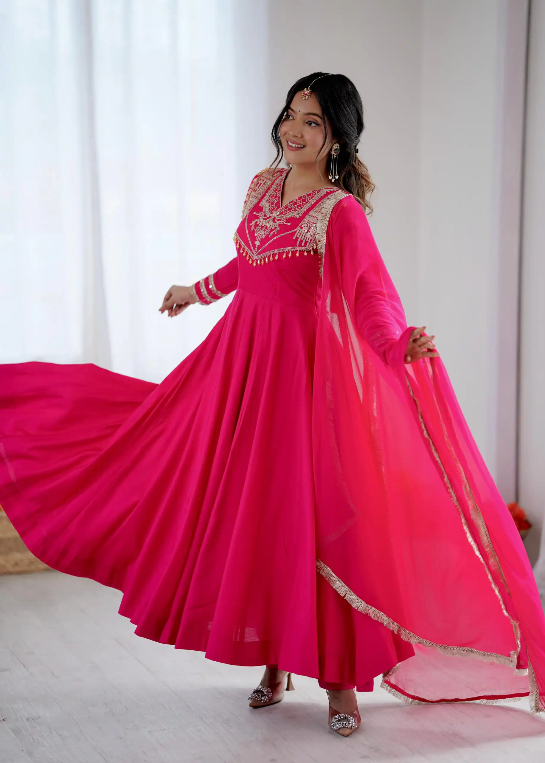 ZSR 3149 Pink Roman silk Gown Perfect for Wedding, Party, Sangeet, Haldi, Lohri – . Introductory Price ₹2099. Delivery 4-6 Working Days. Shop now. | Bollywood Gowns, Creative Gowns, Designer Gowns, Embroidered Gowns, Gowns, Party Wear Gowns
