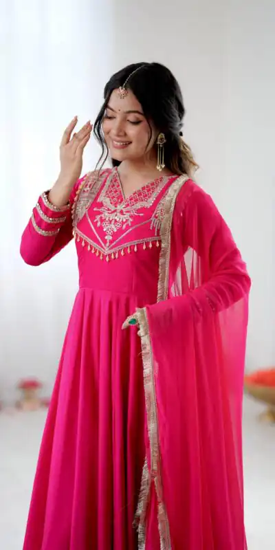 ZSR 3149 Pink Roman silk Gown Perfect for Wedding, Party, Sangeet, Haldi, Lohri – . Introductory Price ₹2099. Delivery 4-6 Working Days. Shop now. | Bollywood Gowns, Creative Gowns, Designer Gowns, Embroidered Gowns, Gowns, Party Wear Gowns