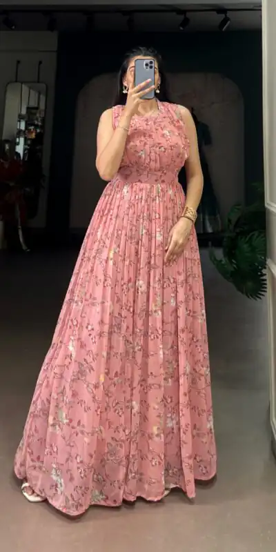 YNF 5200 Pink Color Weightless Marbal Gown with Designer Work. Available at ₹1649 only. Delivery 4-6 Working Days. Shop now. | Bollywood Gowns, Creative Gowns, Designer Gowns, Embroidered Gowns, Gowns, Party Wear Gowns