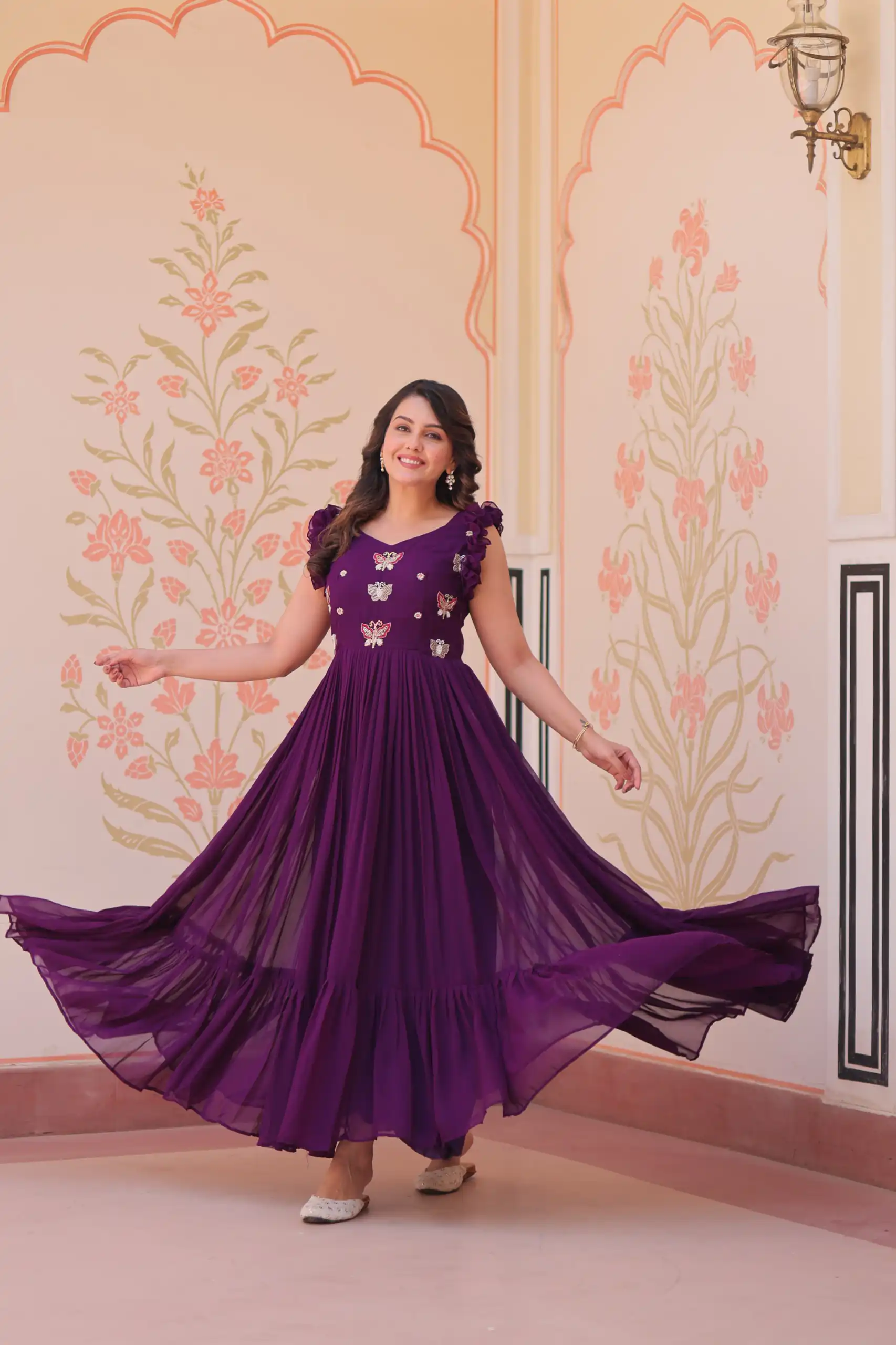 KA 1174 Purple Faux Blooming Gown Perfect for Wedding, Party, Housewarming, Baby Shower, Raksha Bandhan – . Now at just ₹1699. Delivery 4-6 Working Dasy | Bollywood Gowns, Creative Gowns, Designer Gowns, Embroidered Gowns, Gowns, Party Wear Gowns