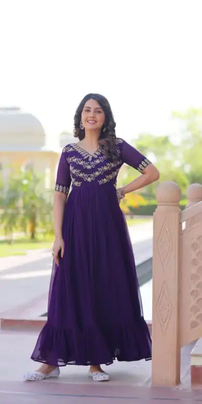 KA 1172 Purple in Faux Blooming Embroidery Work & Sequins Work Gown . Affordable Price ₹1749. Delivery 4-6 Working Days. Shop now. | Bollywood Gowns, Creative Gowns, Designer Gowns, Embroidered Gowns, Gowns, Party Wear Gowns