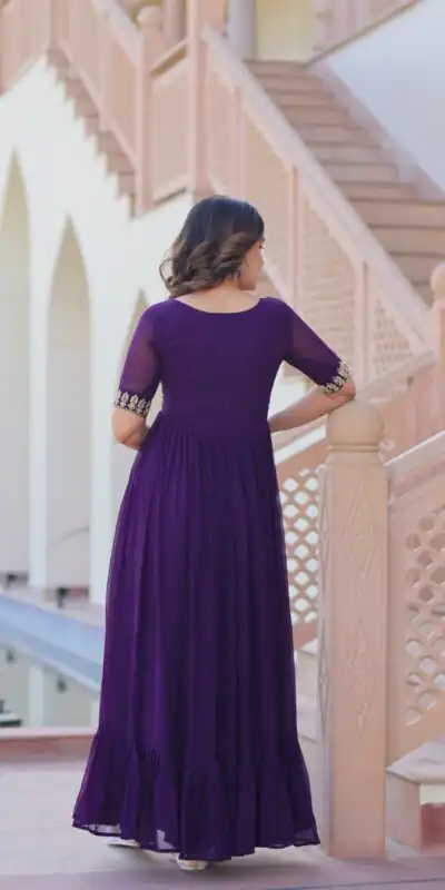 KA 1172 Purple in Faux Blooming Embroidery Work & Sequins Work Gown . Affordable Price ₹1749. Delivery 4-6 Working Days. Shop now. | Bollywood Gowns, Creative Gowns, Designer Gowns, Embroidered Gowns, Gowns, Party Wear Gowns
