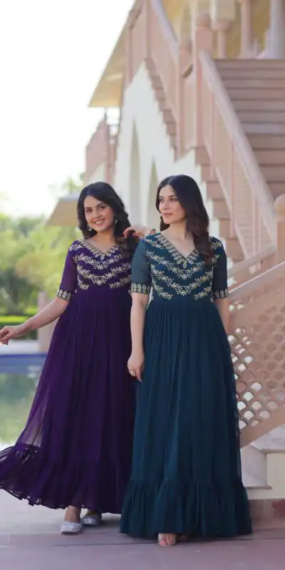 KA 1172 Purple in Faux Blooming Embroidery Work & Sequins Work Gown . Affordable Price ₹1749. Delivery 4-6 Working Days. Shop now. | Bollywood Gowns, Creative Gowns, Designer Gowns, Embroidered Gowns, Gowns, Party Wear Gowns