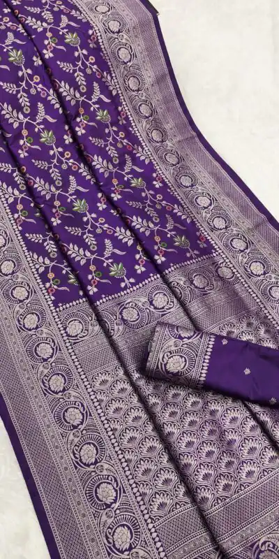 MB 113 Purple Khaddi Pashmina Saree with Lace Work & Zari Work. Introductory Price ₹1949. Delivery 4-6 Working Days. Shop now. | Bollywood Sarees, Creative Sarees, Designer Sarees, Embroidered Sarees, Ethnic Saree, Modern Digital sarees, Party Wear Sarees, Sarees
