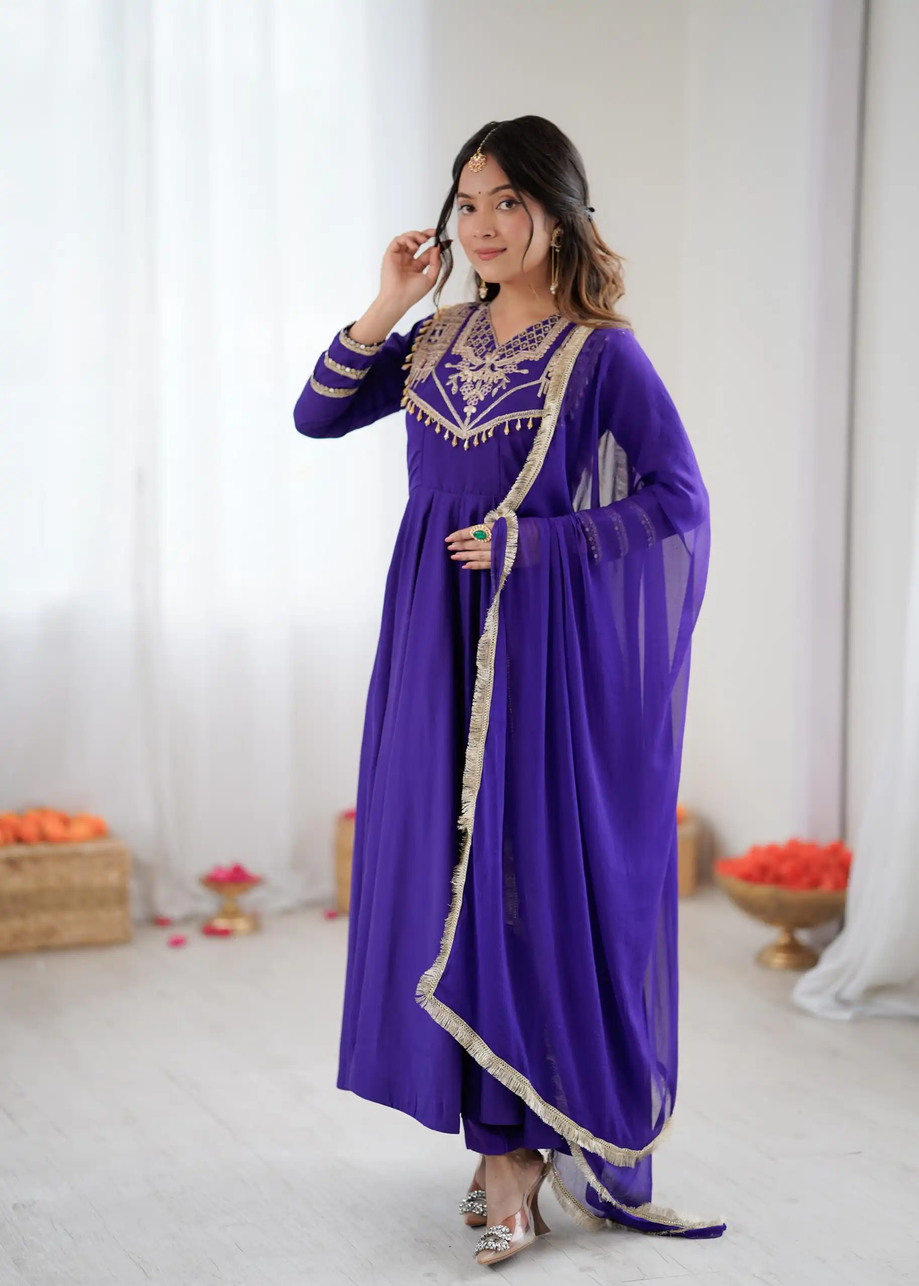 ZSR 3149 Purple Roman silk Gown Perfect for Wedding, Party, Sangeet, Haldi, Lohri – . Introductory Price ₹2099. Delivery 4-6 Working Days. Shop now. | Bollywood Gowns, Creative Gowns, Designer Gowns, Embroidered Gowns, Gowns, Party Wear Gowns