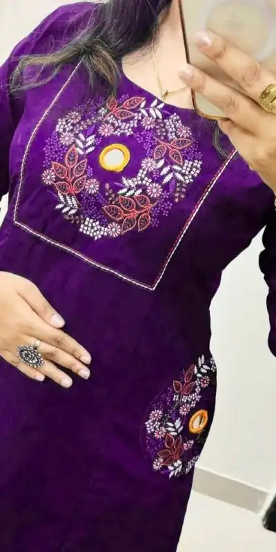 MF 1114 Purple Soft Cotton Slub Kurti with Embroidery Work. Wedding, Party, Festive, Events, Grab it for ₹1549. Delivery 4-6 Working Days. Shop now. | Bollywood Kurti, Creative Kurtis, Designer Kurti, Kurti, Party Wear Kurti, Selfie Kurti