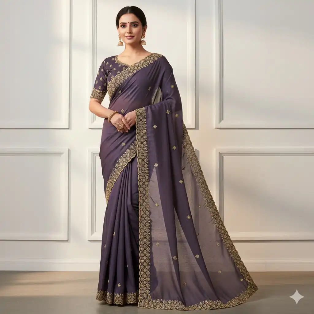 JR 659 Purple in Color Star Georgette Embroidery Work Saree . Available at ₹1799 only. Delivery 4-6 Working Days. Shop now. | Bollywood Sarees, Creative Sarees, Designer Sarees, Embroidered Sarees, Ethnic Saree, Modern Digital sarees, Party Wear Sarees, Sarees