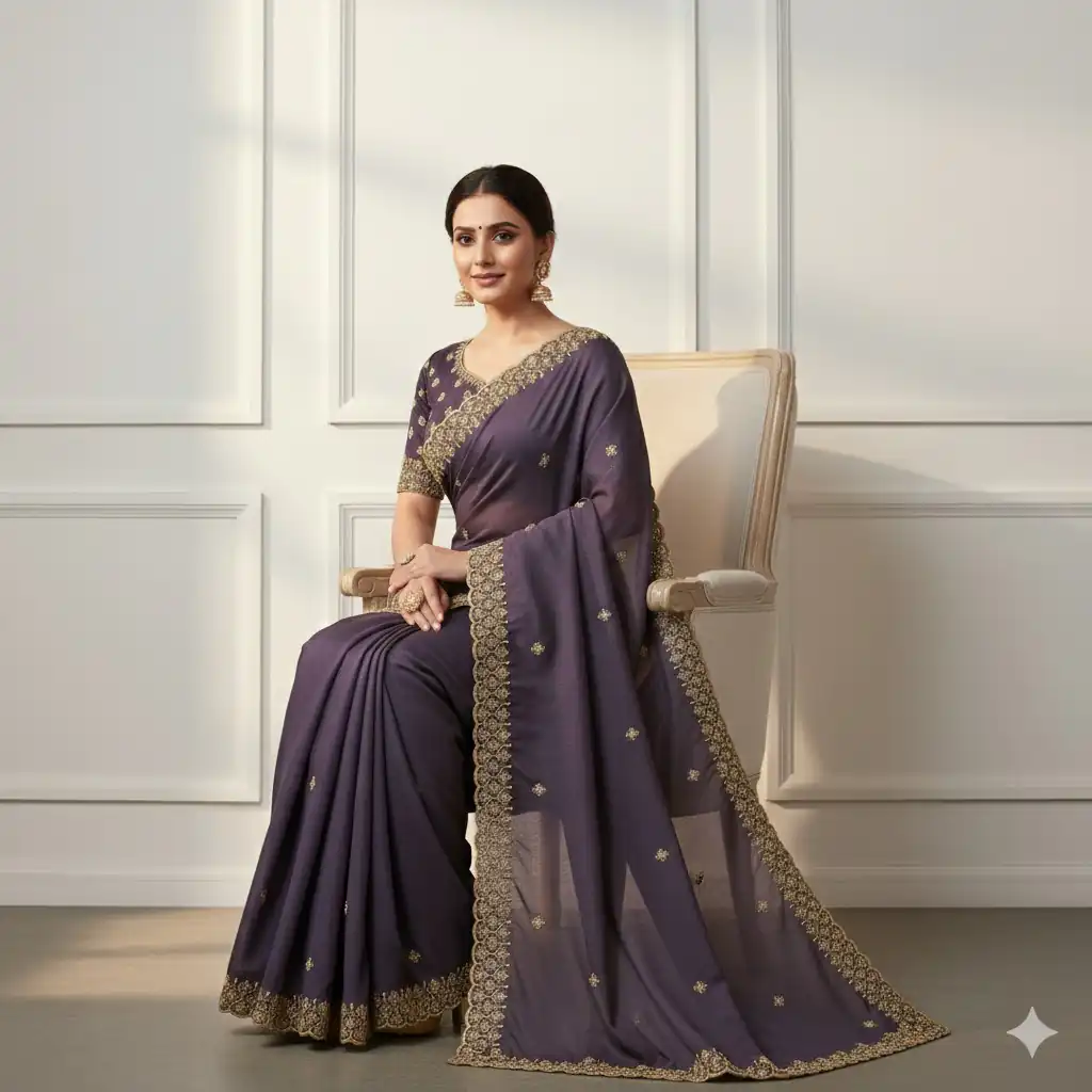JR 659 Purple in Color Star Georgette Embroidery Work Saree . Available at ₹1799 only. Delivery 4-6 Working Days. Shop now. | Bollywood Sarees, Creative Sarees, Designer Sarees, Embroidered Sarees, Ethnic Saree, Modern Digital sarees, Party Wear Sarees, Sarees