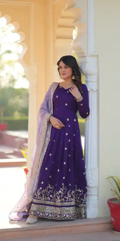KA 1206 Purple in Star GeorgetteFandy Zari Work & Embroidery Work Gown . Introductory Price ₹2549. Delivery 4-6 Working Days. Shop now. | Bollywood Gowns, Creative Gowns, Designer Gowns, Embroidered Gowns, Gowns, Party Wear Gowns