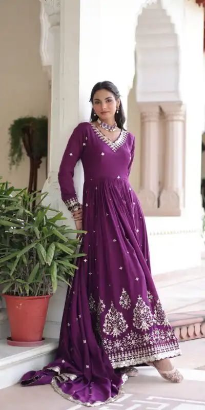 KA 1214 Purple Vichitra Silk Gown Perfect for Wedding, Party, Lohri, Onam, Festival Celebrations – . Grab it for ₹2449. Delivery 4-6 Working Days. | Bollywood Gowns, Creative Gowns, Designer Gowns, Embroidered Gowns, Gowns, Party Wear Gowns