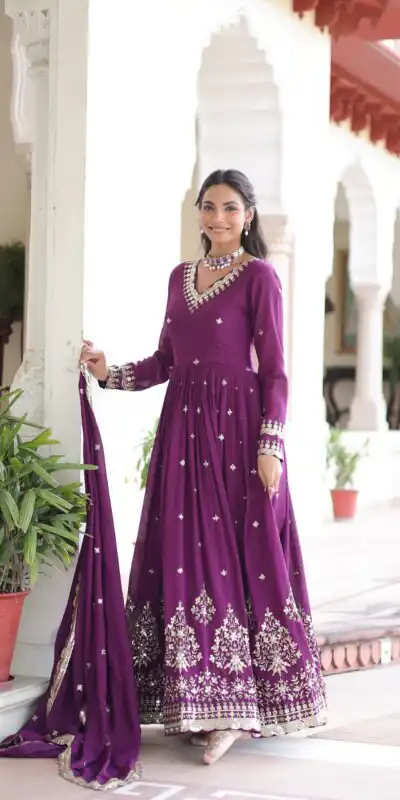 KA 1214 Purple Vichitra Silk Gown Perfect for Wedding, Party, Lohri, Onam, Festival Celebrations – . Grab it for ₹2449. Delivery 4-6 Working Days. | Bollywood Gowns, Creative Gowns, Designer Gowns, Embroidered Gowns, Gowns, Party Wear Gowns