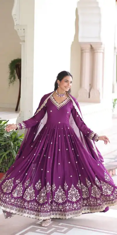 KA 1214 Purple Vichitra Silk Gown Perfect for Wedding, Party, Lohri, Onam, Festival Celebrations – . Grab it for ₹2449. Delivery 4-6 Working Days. | Bollywood Gowns, Creative Gowns, Designer Gowns, Embroidered Gowns, Gowns, Party Wear Gowns