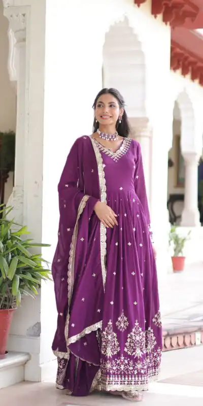 KA 1214 Purple Vichitra Silk Gown Perfect for Wedding, Party, Lohri, Onam, Festival Celebrations – . Grab it for ₹2449. Delivery 4-6 Working Days. | Bollywood Gowns, Creative Gowns, Designer Gowns, Embroidered Gowns, Gowns, Party Wear Gowns