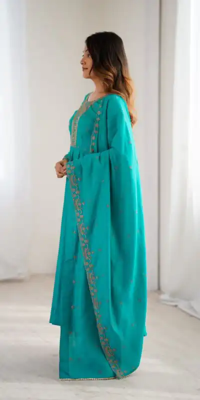KB 288 Rama in Roman Shimmer Chanderi Silk Embroidery Work & Bead Work Salwar Suit . Grab it for ₹2399. Delivery 4-6 Working Days. Shop now. | Jump Suits, Tops & Bottoms, Track Suits, Trendy Wear, Casual Suits, Creative suits, Designer Suits, Palazzo Suits, Party Wear Suits, Patiala Suits, Salwar suit, Straight Suits
