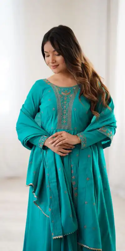 KB 288 Rama in Roman Shimmer Chanderi Silk Embroidery Work & Bead Work Salwar Suit . Grab it for ₹2399. Delivery 4-6 Working Days. Shop now. | Jump Suits, Tops & Bottoms, Track Suits, Trendy Wear, Casual Suits, Creative suits, Designer Suits, Palazzo Suits, Party Wear Suits, Patiala Suits, Salwar suit, Straight Suits