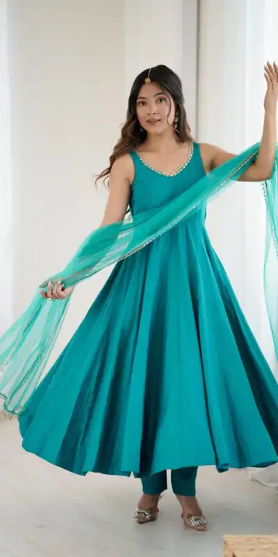 KB 285 Rama Color in Roman Silk Chanderi Mirror Work & Lace Work Gown . Best Price ₹1929. Delivery 4-6 Working Days. Shop now. | Bollywood Gowns, Creative Gowns, Designer Gowns, Embroidered Gowns, Gowns, Party Wear Gowns