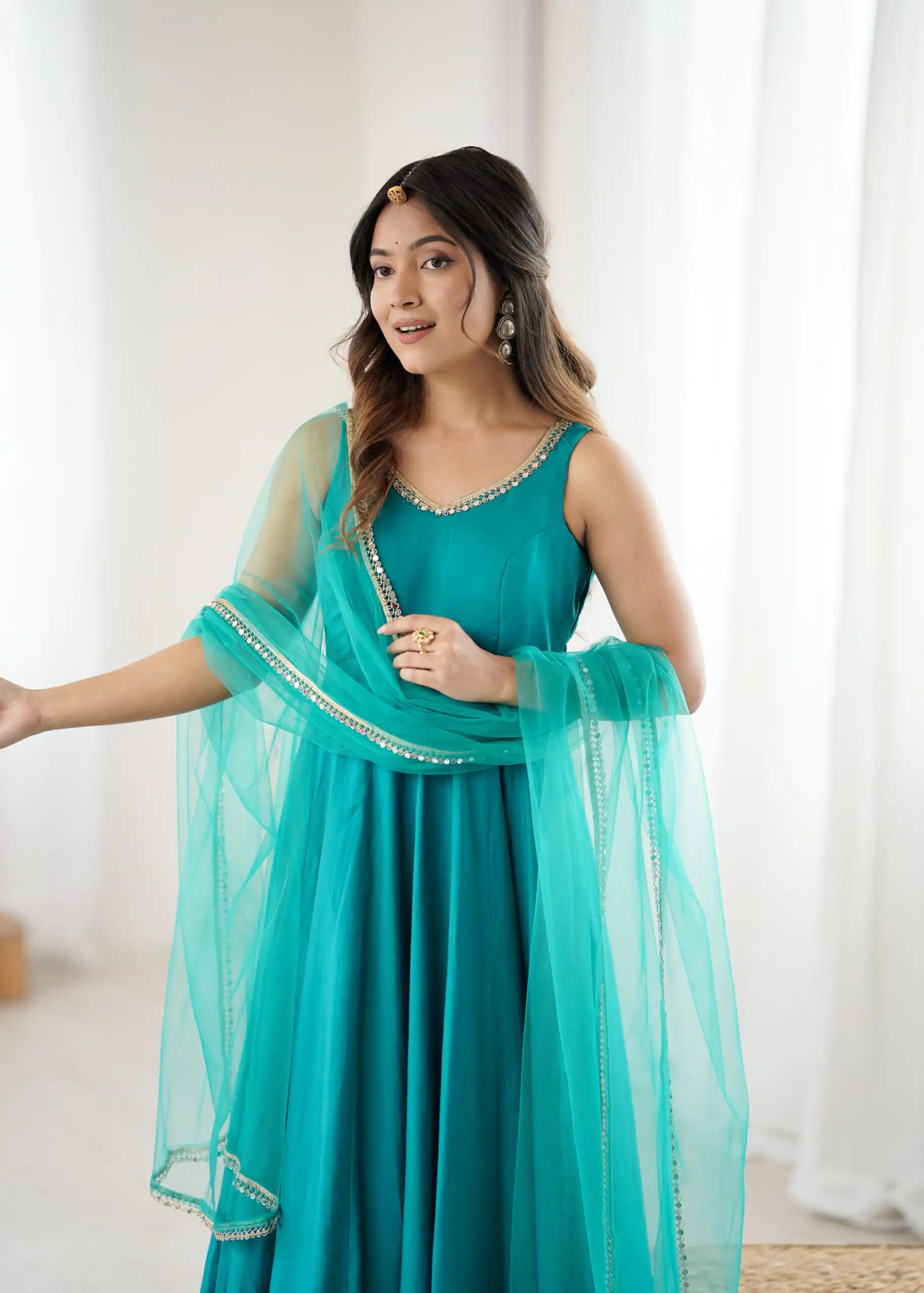 KB 285 Rama Color in Roman Silk Chanderi Mirror Work & Lace Work Gown . Best Price ₹1929. Delivery 4-6 Working Days. Shop now. | Bollywood Gowns, Creative Gowns, Designer Gowns, Embroidered Gowns, Gowns, Party Wear Gowns