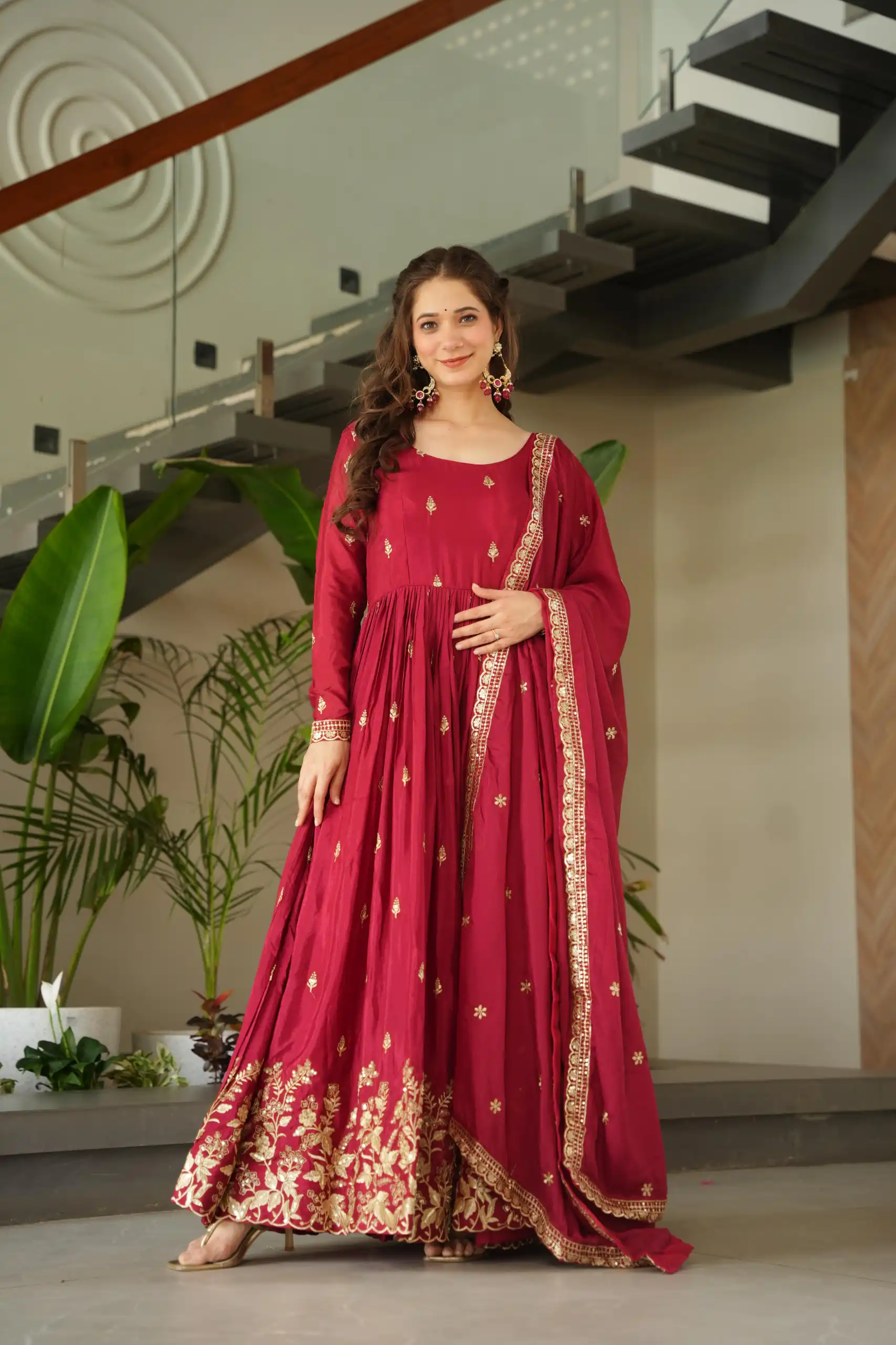 KA 1166 Red Color Chinnon Gown with Zari Work & Embroidery Work. Available at ₹2099 only. Delivery 4-6 Working Days. Shop now. | Bollywood Gowns, Creative Gowns, Designer Gowns, Embroidered Gowns, Gowns, Party Wear Gowns