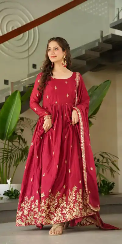 KA 1166 Red Color Chinnon Gown with Zari Work & Embroidery Work. Available at ₹2099 only. Delivery 4-6 Working Days. Shop now. | Bollywood Gowns, Creative Gowns, Designer Gowns, Embroidered Gowns, Gowns, Party Wear Gowns
