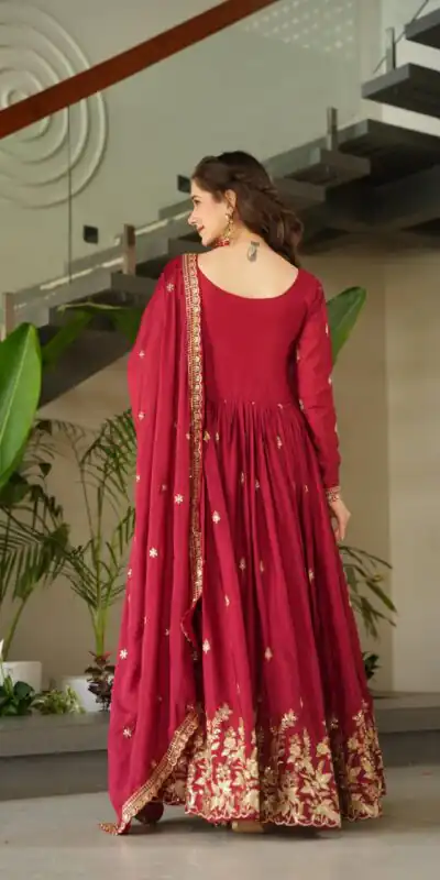 KA 1166 Red Color Chinnon Gown with Zari Work & Embroidery Work. Available at ₹2099 only. Delivery 4-6 Working Days. Shop now. | Bollywood Gowns, Creative Gowns, Designer Gowns, Embroidered Gowns, Gowns, Party Wear Gowns