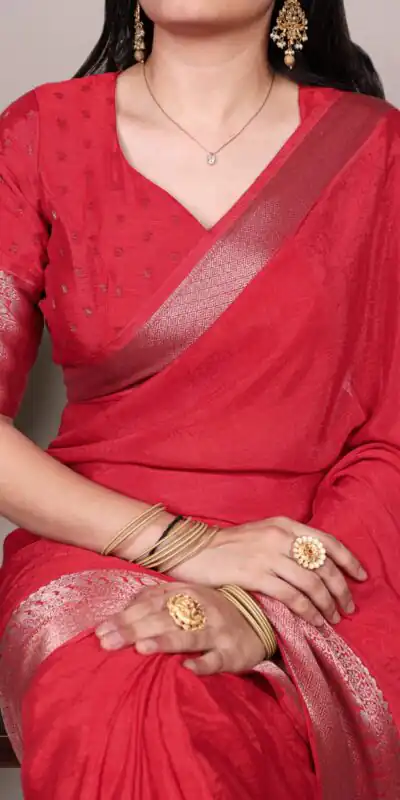 YNF 7916 Red Chinon Saree with Zari Work. Wedding, Party, Festive, Events Festive Deal ₹1699. Delivery 4-6 Working Days. Shop now. | Bollywood Sarees, Creative Sarees, Designer Sarees, Embroidered Sarees, Ethnic Saree, Modern Digital sarees, Party Wear Sarees, Sarees