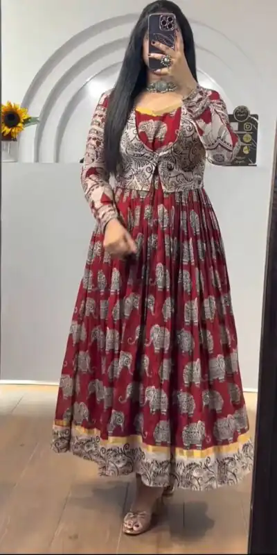 PC 423 Red in Cotton Kalamkari Print Gown . Wedding, Party, Festive, Events, Now at just ₹1879. Delivery 4-6 Working Days. Shop now. | Bollywood Gowns, Creative Gowns, Designer Gowns, Embroidered Gowns, Gowns, Party Wear Gowns