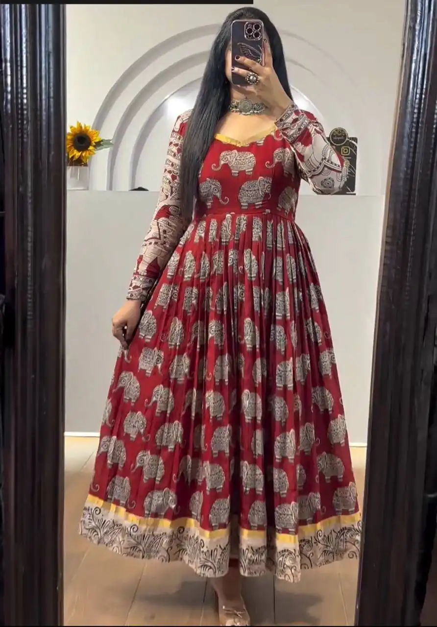 PC 423 Red in Cotton Kalamkari Print Gown . Wedding, Party, Festive, Events, Now at just ₹1879. Delivery 4-6 Working Days. Shop now. | Bollywood Gowns, Creative Gowns, Designer Gowns, Embroidered Gowns, Gowns, Party Wear Gowns