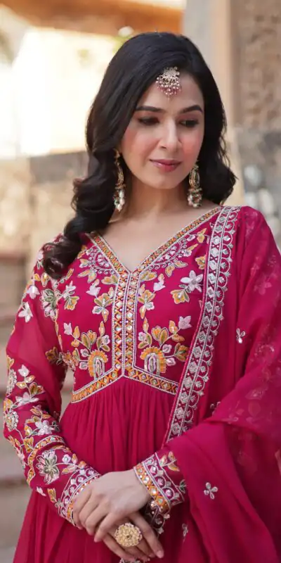 KA 1147 Red in Color Faux Blooming Embroidery Work & Zari Work Gown . Grab it for ₹2049. Delivery 4-6 Working Days. Shop now. | Bollywood Gowns, Creative Gowns, Designer Gowns, Embroidered Gowns, Gowns, Party Wear Gowns