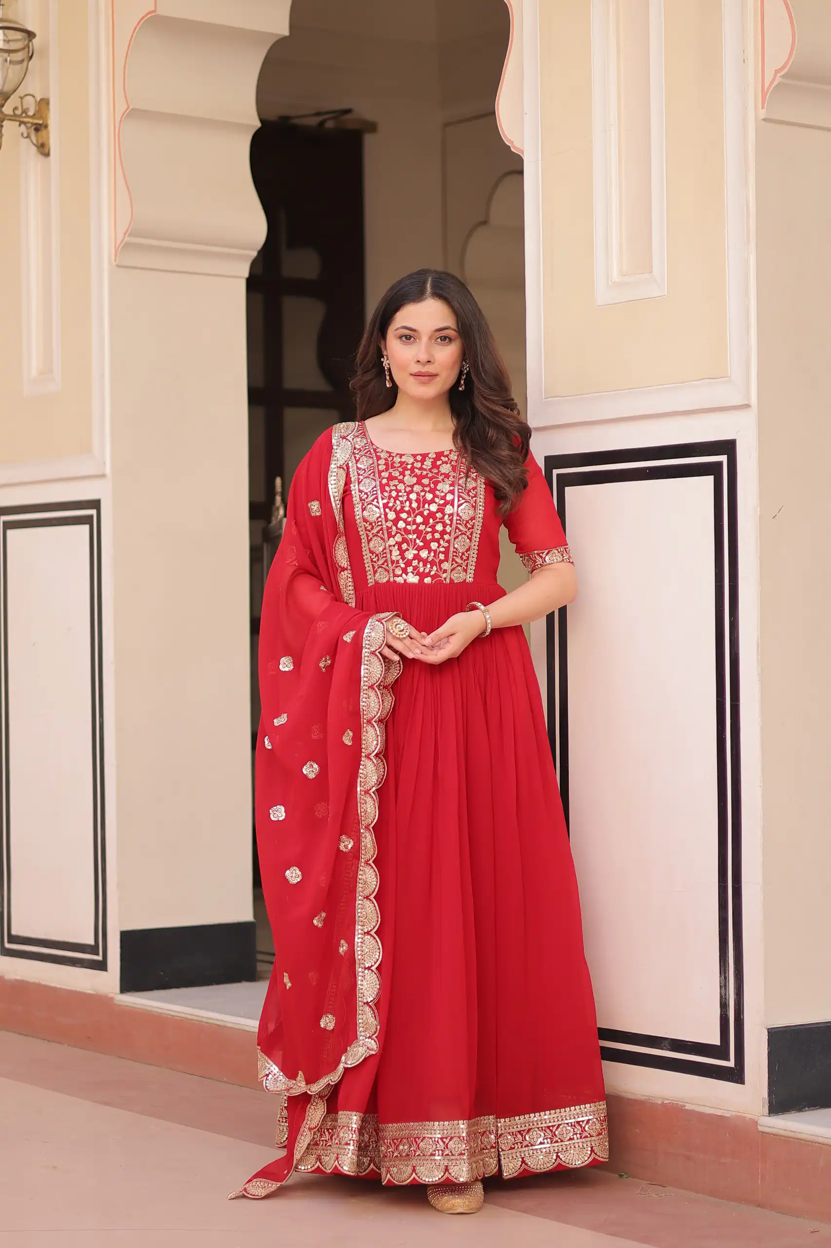 KA 1177 Red in Faux Blooming Embroidery Work & Zari Work Gown . Special Price ₹2049. Delivery 4-6 Working Days. Shop now. | Bollywood Gowns, Creative Gowns, Designer Gowns, Embroidered Gowns, Gowns, Party Wear Gowns
